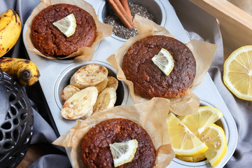 Vegan Muffins with lemon and lemon in bakeware