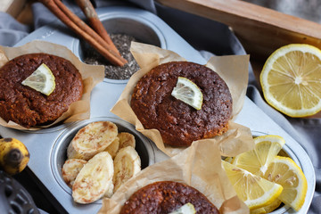 Vegan Muffins with lemon and lemon in bakeware