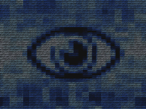 Eye symbol in digital background. Concept of virtual reality or internet surveillance