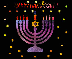 Jewish traditional holiday Hannukah.Watercolor Greeting card