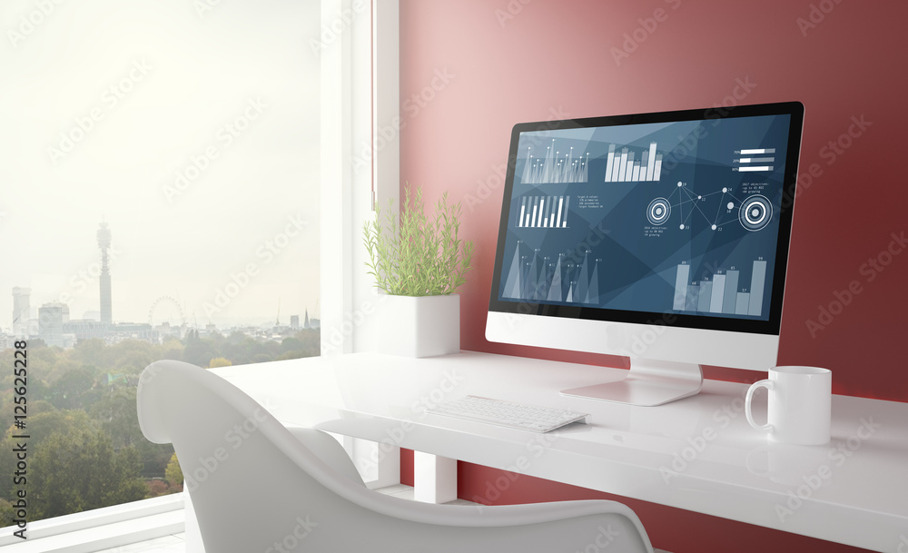 Poster red studio with statistics software computer
