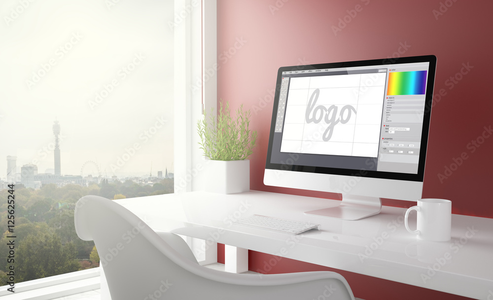 Poster red studio with logo design software computer