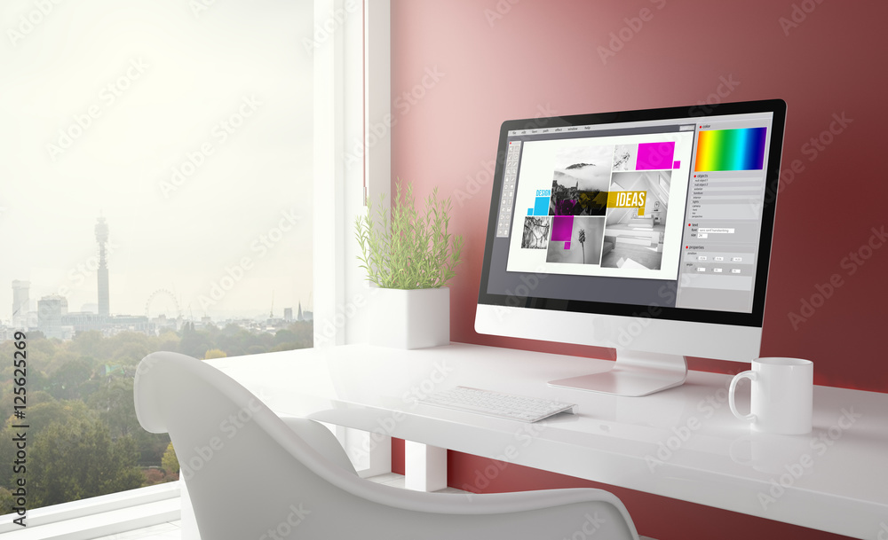 Poster red studio with graphic design computer