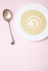 A bowl of hot chicken soup with swirl of cream on a pastel pink background with spoon and blank space below