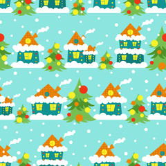 Seamless Christmas background of village houses and trees