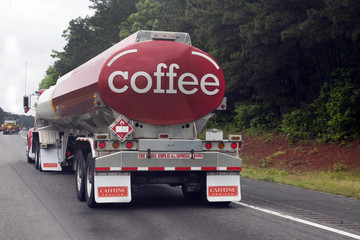 Coffee and Espresso Tanker on Highway - obrazy, fototapety, plakaty
