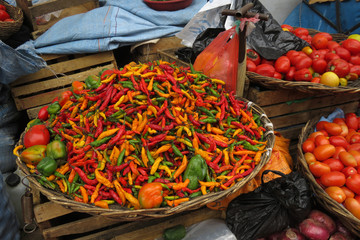 Fresh red, green and yellow chilies at the farmers market, Sucre, Bolivia