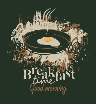 vector banner for a restaurant with breakfast with a frying pan and fried eggs on the background of the old town