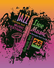 banner music poster with jazz festival an saxophone on grungy background