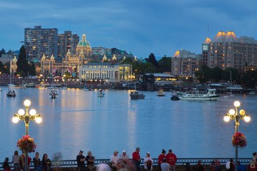 Victoria city, Canada - Canada Day of 2016: View of Victoria city Inner harbor with crowds waiting...