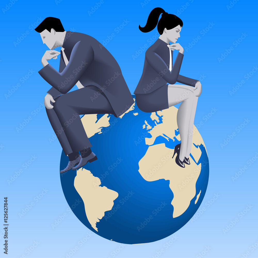 Wall mural global business concept. pensive business woman and businessman dressed in business suits sit togeth