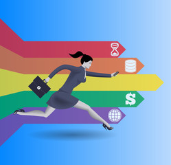 Digital market race business concept. Confident business woman in business suit with case in one hand and smart phone in other runs fast along arrows on blue background.