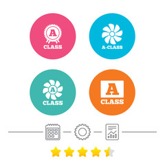 A-class award icon. A-class ventilation sign. Premium level symbols. Calendar, cogwheel and report linear icons. Star vote ranking. Vector