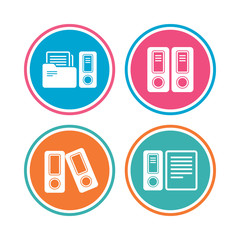 Accounting icons. Document storage in folders sign symbols. Colored circle buttons. Vector