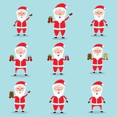 Collection of Christmas Santa Claus in flat and cartoon style. Abstract blue sky background. Vector illustration.