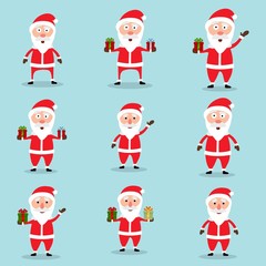 Collection of Christmas Santa Claus in flat and cartoon style. Abstract blue sky background. Vector illustration.