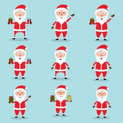 Fototapeta premium Collection of Christmas Santa Claus in flat and cartoon style. Abstract blue sky background. Vector illustration.