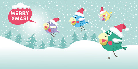 Cheerful winter birds in Christmas hats. Christmas design for cards. Festive clipart. Winter landscape