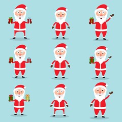 Fototapeta premium Collection of Christmas Santa Claus in flat and cartoon style. Abstract blue sky background. Vector illustration.