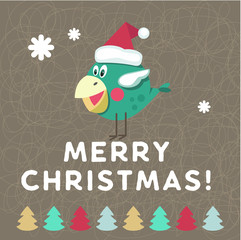 Christmas and New year. Festive design. A bird in a Santa hat.