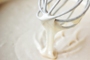 Mixing Batter or dough for banana cake or muffin or pancake. Close up, soft focus.  - obrazy, fototapety, plakaty