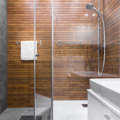 Shower with wooden effect tiles
