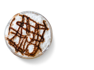 Top view of ice coffee on white background