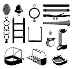 Isolated accessories for parrot, canary or other bird in cage. Vector illustration of perch, wood branch, bell, trough, feeder, drinking bowl, plaything, toy, ladder, bath, ring for pets. Icon set.