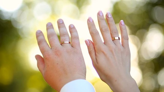 Newlyweds showing their wedding rings