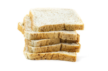 sliced whole wheat bread on white background.