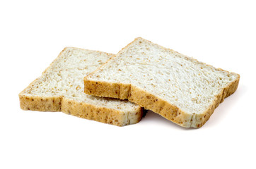 sliced whole wheat bread on white background.