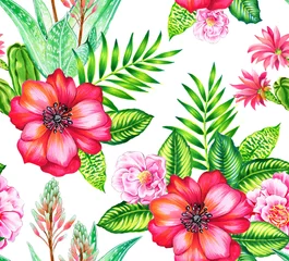 Tuinposter seamless pattern with rose, camellia, succulents. © rosapompelmo