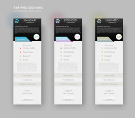 Three tariffs web banner. Interface for site, ui, ux, app. Pricing table, banner, order, box, button, list and bullet with plan for website in flat design, style
