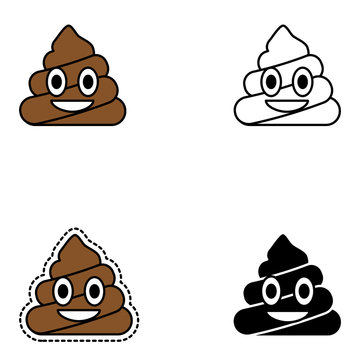 Happy poop design. Pin, patch, stamp, icon, sticker. Emoji. Vector illustration isolated on white background.