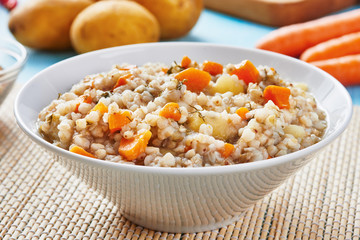 Buckwheat soup in white bowl