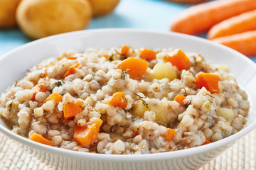 Buckwheat soup in white bowl