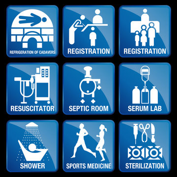 Set of Medical Icons in blue square background - REFRIGERATION OF CADAVERS, REGISTRATION, RESUSCITATOR, SEPTIC ROOM, SERUM LAB, SHOWER, SPORTS MEDICINE, STERILIZATION