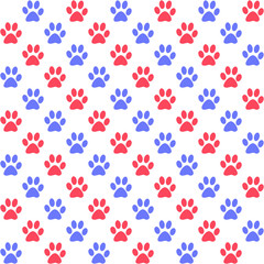 Paw prints in red and blue on white, a seamless background pattern
