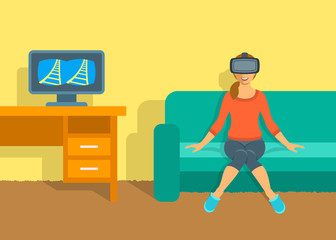 Young woman in virtual reality glasses VR box sitting on sofa at home near the table with computer. Flat vector illustration. Virtual 3d technology device for entertainment. Electronic gaming headset