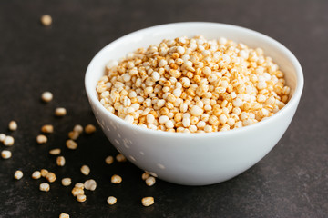 Puffed quinoa in small bowl