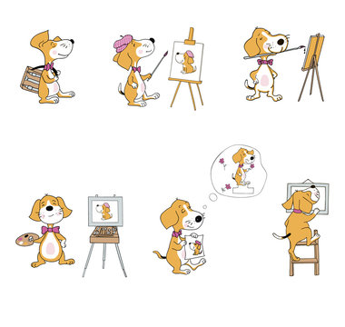Vector set of cartoon dogs with painting materials. Cute fine art painter. Character for hobby classes. Mascot.