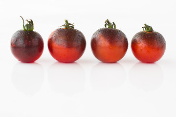 Dark red tomatoes with water droplets on  white background