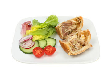 Chicken and ham pie with salad