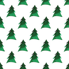 Watercolor illustration of Christmas trees. Merry Christmas and Happy New Year seamless pattern.