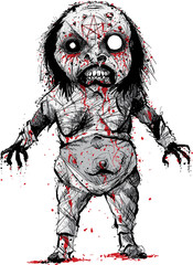 A cartoon character of a bloody, demonic, mummified evil witch rising from the dead.