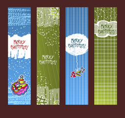 Merry Christmas, vertical banner design background set, vector illustration. Holiday bright hand-drawings, doodle, cartoon.