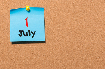 July 1st. Day 1 of month, color sticker calendar on notice board. Summer time. Empty space for text