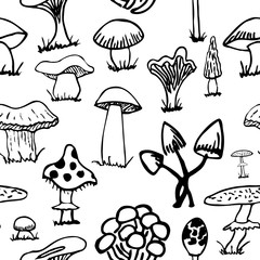 Set of silhouettes of cute cartoon mushrooms isolated on white background.