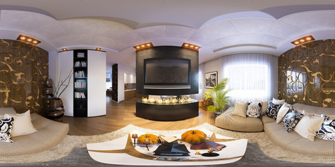 3d illustration spherical 360 degrees, seamless panorama of living room Halloween interior design. The living room with fireplace and decorated for Halloween