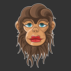 Cartoon monkey face. Female monkey with beautiful red lips